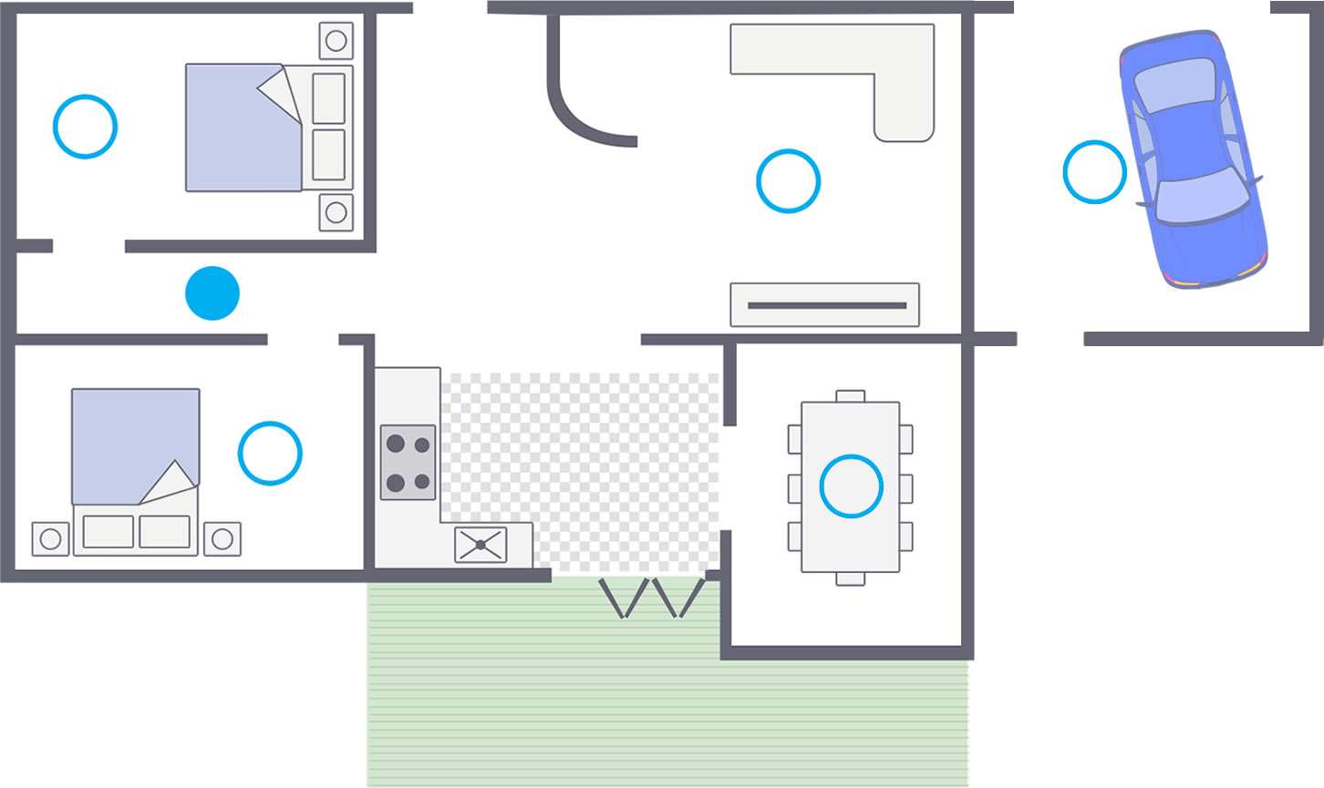 Image of a single level house floor plan showing where the smoke alarms should be installed.
